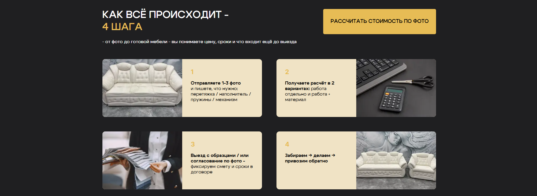 Раздел этапов работы по перетяжке мебели под ключ