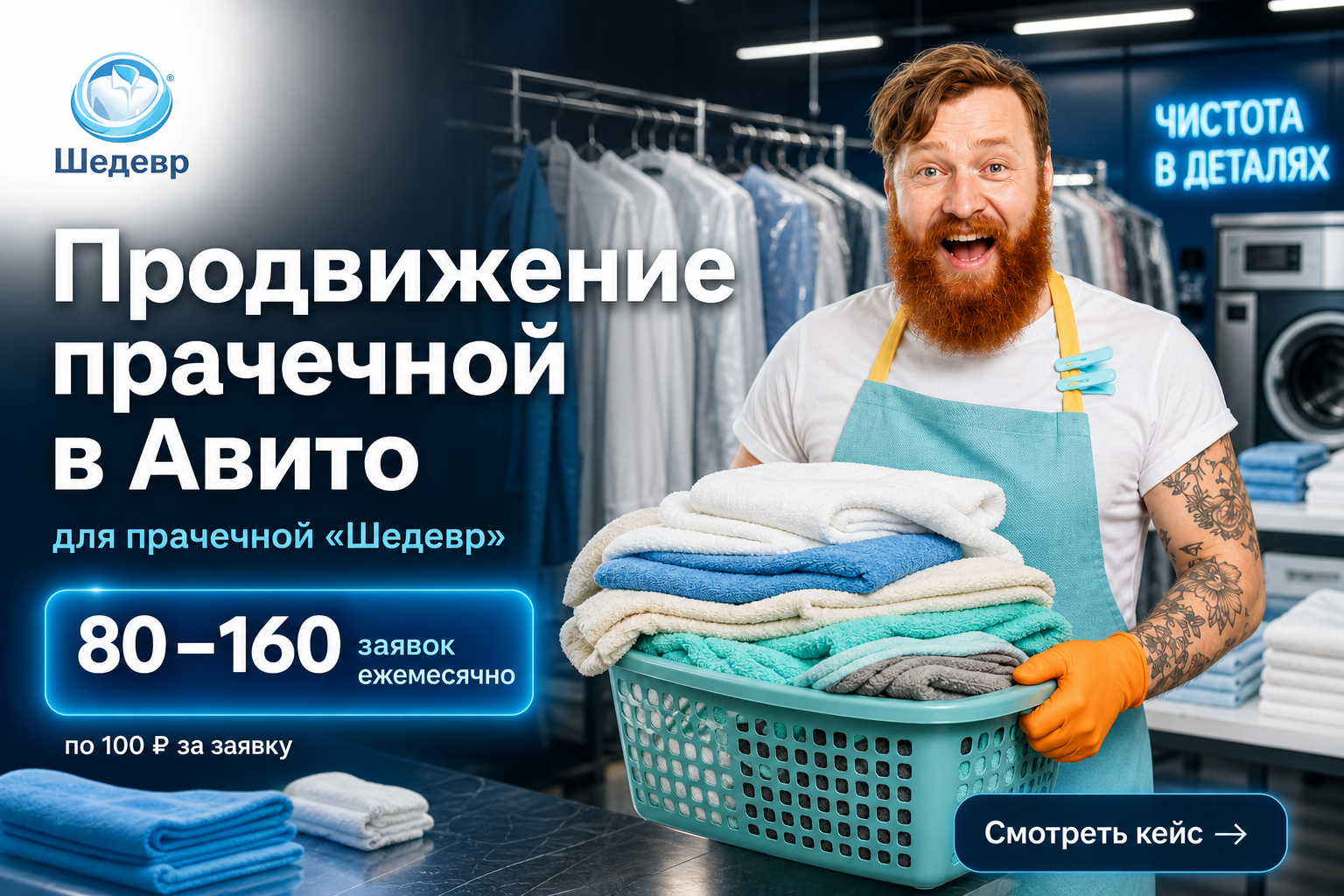 Обложка кейса: продвижение прачечной «Шедевр» в Авито — 80–160 заявок ежемесячно по 100 ₽ за заявку