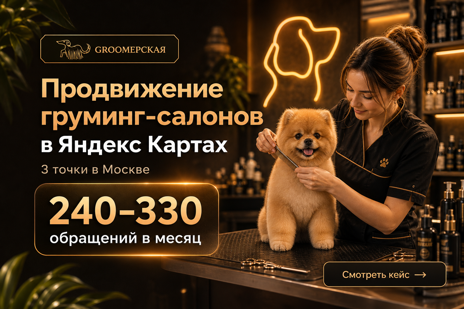 Обложка кейса: продвижение сети груминг-салонов в Яндекс Картах — 240–330 обращений в месяц с 3 точек в Москве